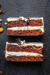 chocolate cake cream nuts, coffee, spices, honey, ganache sweet dessert holiday treat meal snack copy space food background rustic