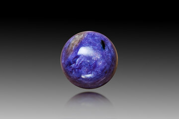 Natural charoite round polished cabochon gemstone setting. Looks like a purple violet planet in the universe. Black and white gradient background, semireflection, gauss blur. Gemology theme. Abstract.