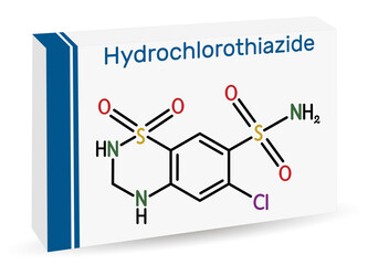 Hydrochlorothiazide, HCTZ, HCT molecule. It is thiazide diuretic, used to treat edema and hypertension. Skeletal chemical formula. Paper packaging for drugs - obrazy, fototapety, plakaty