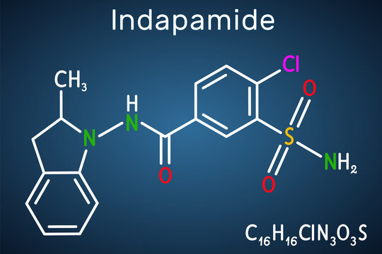 Indapamide molecule. It is thiazide-like diuretic, hypertension drug. Structural chemical formula on the dark blue background