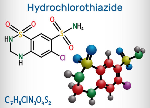 Hydrochlorothiazide, HCTZ, HCT molecule. It is thiazide diuretic, used to treat edema and hypertension. Structural chemical formula and molecule model
