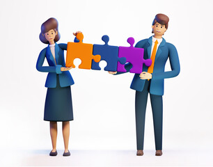 Happy business people working with puzzle pieces. 3D rendering illustration.