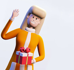 Happy business people hold present box. 3D rendering illustration.