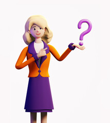 Happy business woman holding up question marks, ready to help to solve your problem. 3D rendering illustration.
