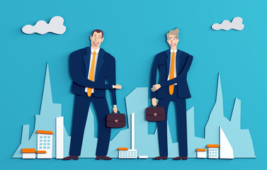 Background with business people made of paper. Successful business people having a meeting in the City. Paper cut design, 3D rendering illustration 