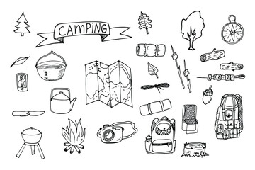 Set of doodle forestry camping design elements.Elements of camping and tourism isolated.A cute background full of icons, perfect for flyers, posters, summer camps and travel companies. 