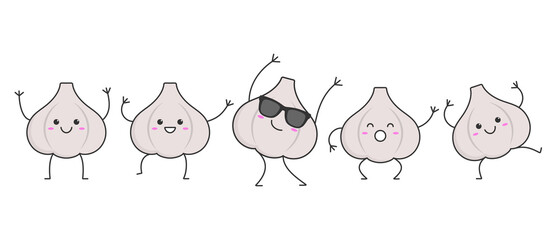 Character cartoon garlic dancing happy smile emotions icon logo vector illustration.