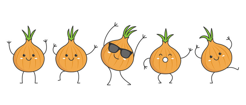 Character cartoon onion dancing happy emotions icon logo vector illustration.