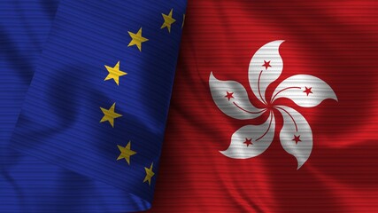Hong Kong and European Union Realistic Flag – Fabric Texture 3D Illustration