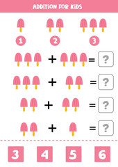 Addition for kids with cartoon pink ice cream.