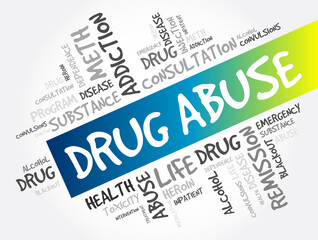 Drug Abuse word cloud collage, health concept background