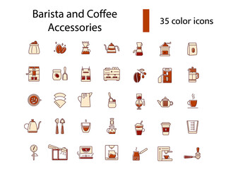 Barista and coffee accessories flat icons set. Coffee shop professional tools. Coffee bean. Isolated vector illustration