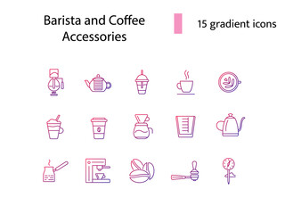 Barista accessories line icons set. French press. Portafilter and measuring cup. Isolated vector stock illustration