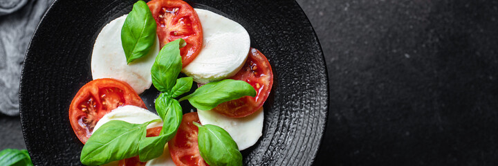 caprese salad mozzarella cheese, tomato basil leaf italian snack copy space food background rustic....