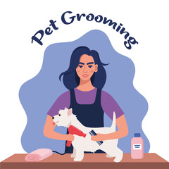 Women hairdresser grooming a dog in pet groom saloon. Woman with hair dryer and comb in her hands dries the dog's fur. Pet grooming salon. Vector illustration.