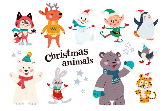 Set of cute winter animals fox, polar bear, penguin in scarfs and hats, snowman, santa elf isolated. Vector flat cartoon illustration. Scandinavian style. For children cards, pattens, banners, prints.