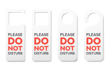 Set of different realistic private door tag. Plastic paper door handle lock hangers. Do Not Disturb. Template design for room in hotel, hostel, resort, home. Vector illustration
