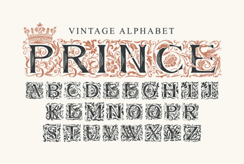 The word PRINCE. Luxury design of Beautiful ornate font for card, invitation, monogram, label, logo. Vintage royal Alphabet, vector set of hand-drawn initial alphabet letters on a light background