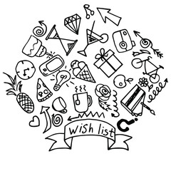 Hand-drawn various objects: a gift, a slice of pizza, a cake, a bicycle, a camera, a mobile, a diamond, an hourglass, a rose, arrows