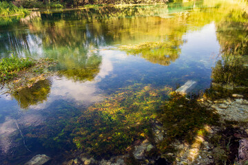 On the banks of the river Tirino. Clear, transparent water. A beautiful landscape in the province of L'Aquila in Abruzzo