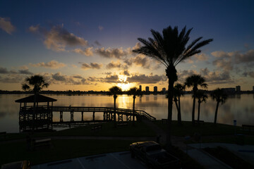 Sunrise over the river with palm trees