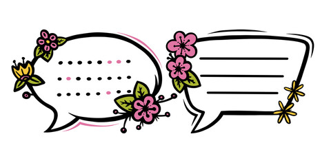 Floral speech bubbles or labels for scrapbooks decoration. Frames with flowers for text or message. Doodle vector illustration isolated in white background