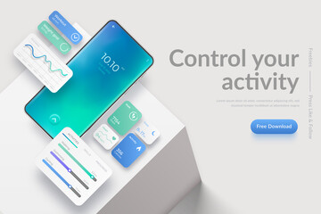 Banner with realistic mobile phone on cube podium and fitness app interface elements. Fitness dashboards with charts, diagrams and web elements of workout application for mobile