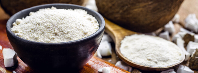 organic coconut flour made from natural products, gluten free, home made, vegan cooking ingredient