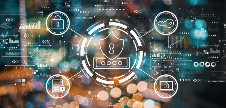 Cyber security theme with blurred city lights