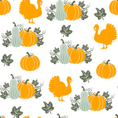 Thanksgiving seamless pattern. Pumpkins and turkey on a white background. Happy Thanksgiving vector pattern. Harvest season. Fall pattern. Autumn design for fabric, paper, cover, interior decor.
