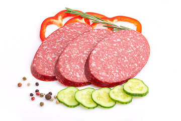 Sausage Salami cutout. Sausage slice pieces. Salami isolated on white background