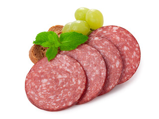 Sausage Salami cutout. Sausage slice pieces. Salami isolated on white background