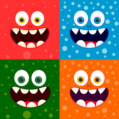 Smiley face, funny monster, banner design template, vector illustration