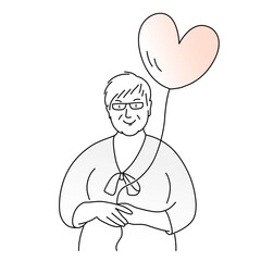 Old woman in glasses with heart shaped balloon.