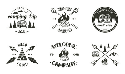 Camping emblem designs. Vector adventure symbols with quotes. Travel badges and lables. Outdoors vector phrases. silhouette camping sign. - obrazy, fototapety, plakaty