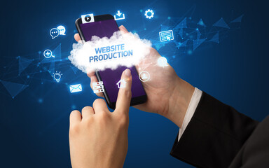 Hand using smartphone with cloud technology concept