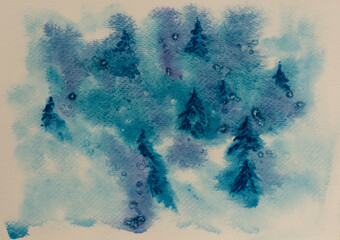 Water color hand painting illustration, blue pine trees in winter with snow
