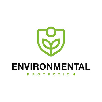Environmental Protection Logo Design, Shield With Plant Or Leaf Symbol For Re-Greening Conservation Green Environment Protect Nature Or Ecosystem Logo Design