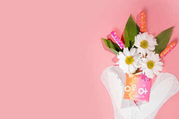 Critical days. Woman hygienic protection, menstruation, cotton tampons, sanitary pads