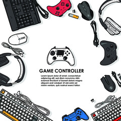 gamer work space concept, top view a gaming gear, mouse, keyboard, joystick, headset.