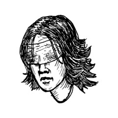 Etched vector illustration. Art work. Hand drawn ink sketch of yong girl head separate from body. Blindfold covered eyes. Justice and law impartiality symbol. Hostage without vision.