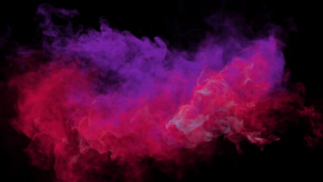 Two streams of colorful smoke from different sides of the frame collide in the center and dissipate completely on an alpha channel background.
