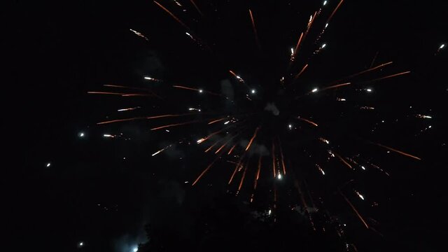 Small fireworks pyrotechnic explosions flash at night