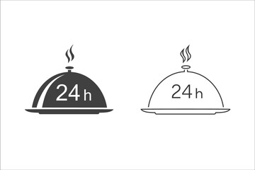 24 h Food delivery. Dish cap, meal cover or tray server and a hand with 24 h black isolated vector icon set
