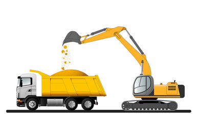 Loading bulk building materials with an excavator onto a truck.