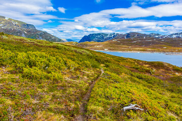 Amazing Vavatn lake panorama rough landscape boulders mountains Hemsedal Norway.