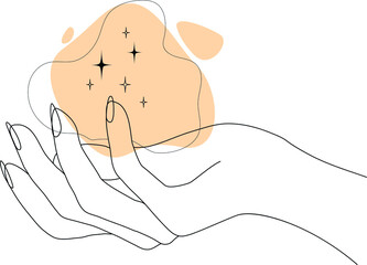 Stars in the hand outline symbol. Esoteric line art mystical hand with abstract shape. Hand drawn magic element. Vector illustration on white background 