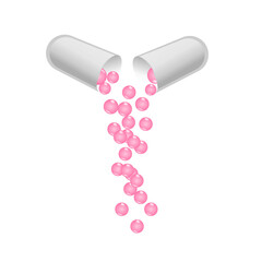 pink round granules fall out of the white capsule. Image of vitamins, tablets, minerals, on a white background