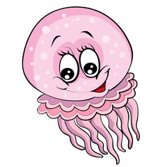 cute pink jellyfish character, cartoon illustration, isolated object on white background, vector,
