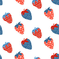 Strawberry seamless modern pattern, blue and red berries with hand drawn hearts, stars, dots. Food illustration. Textile kitchen pattern. Packaging paper